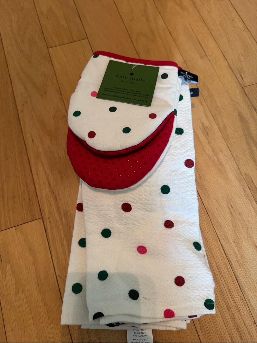 kate spade White Kitchen Towel & Mini Mitt Set with Red, Green, Pink Polka Dots